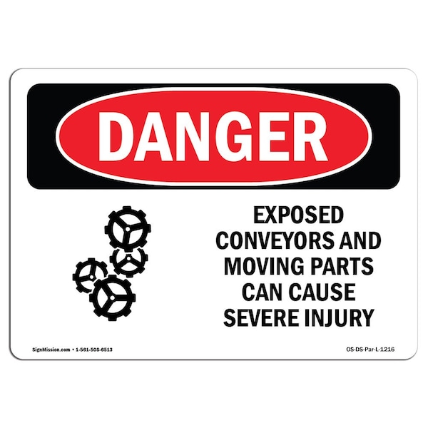 Safety Sign, OSHA Danger, 18" Height, Aluminum, Exposed Conveyors And Moving Parts, Landscape
